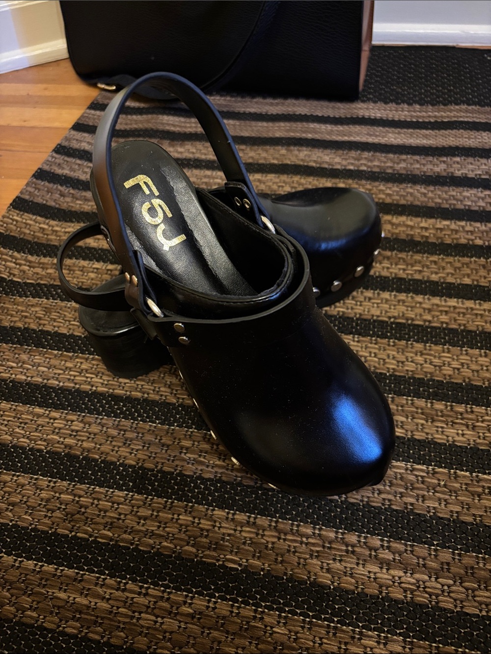 FSJ Black Leather Slingback Clogs with Stud Accents